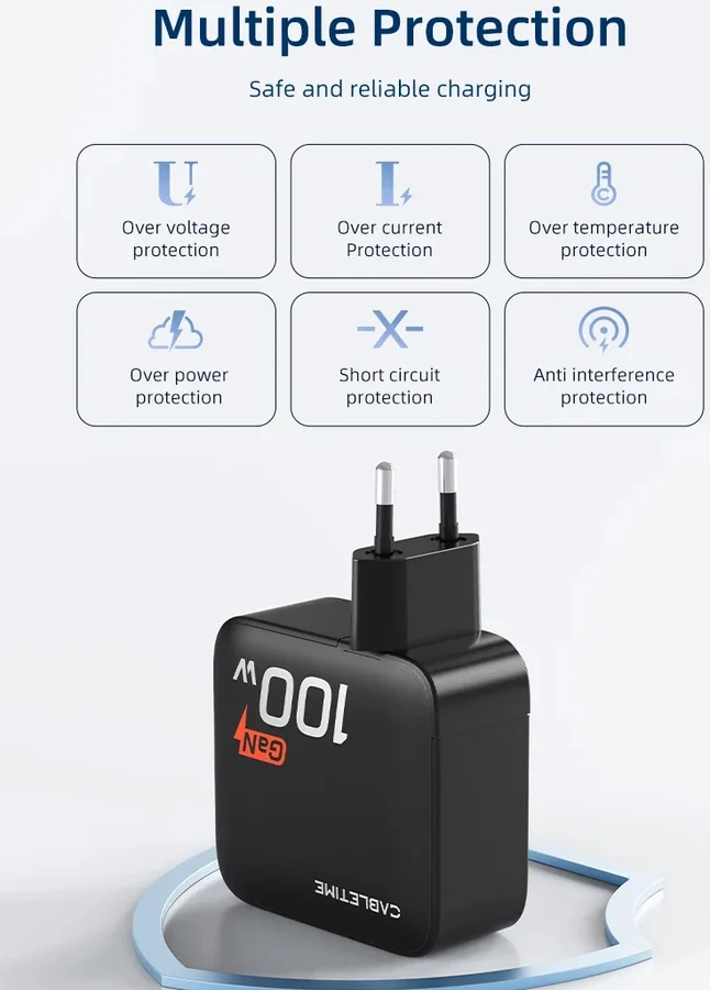 Быстрое сетевое зарядное устройство CABLETIME 100W GaN PD3.0 USB (C+C+C+A) Black
