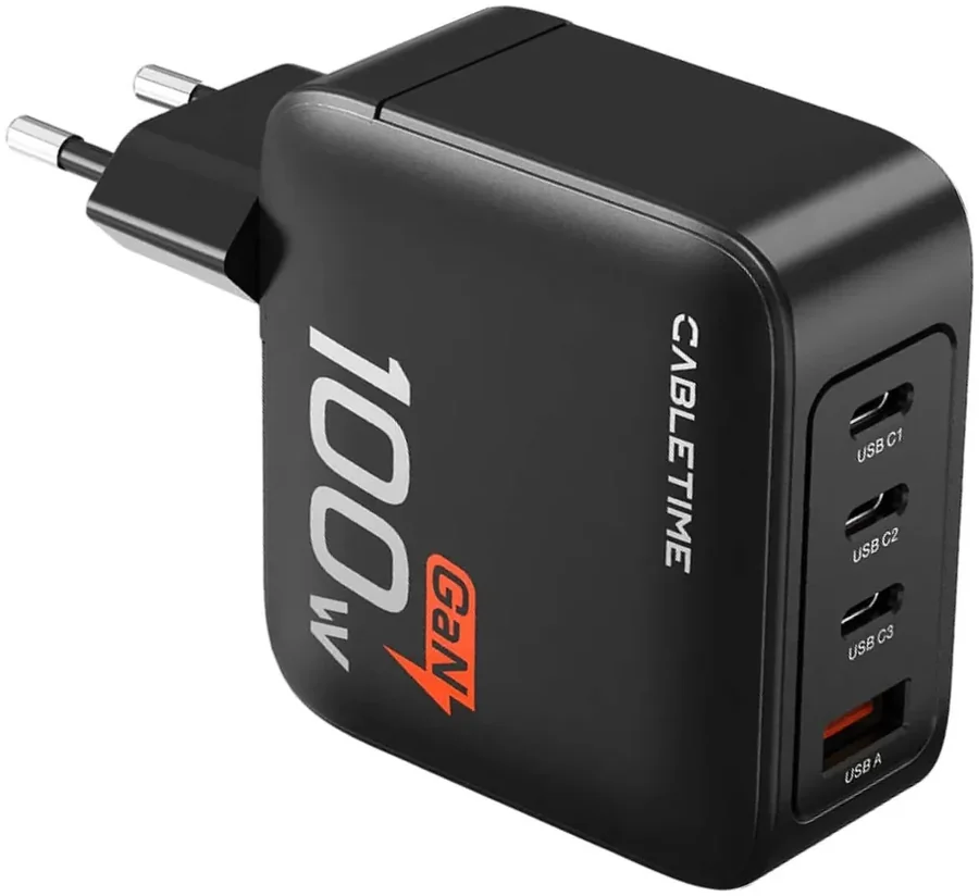 Быстрое сетевое зарядное устройство CABLETIME 100W GaN PD3.0 USB (C+C+C+A) Black
