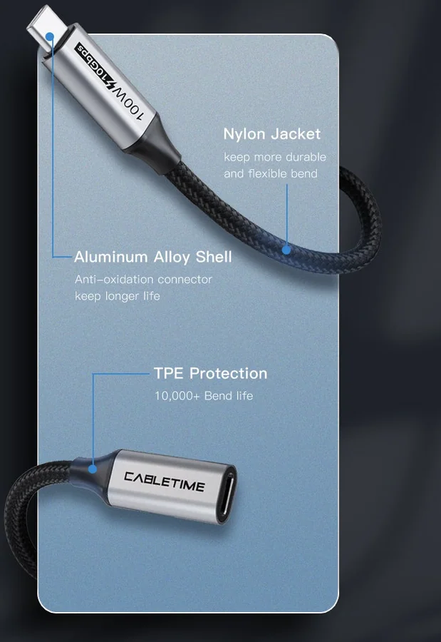 מאריך USB CABLETIME USB-C (M) to USB-C (F) USB3.1Gen2 10Gbps PD100W
