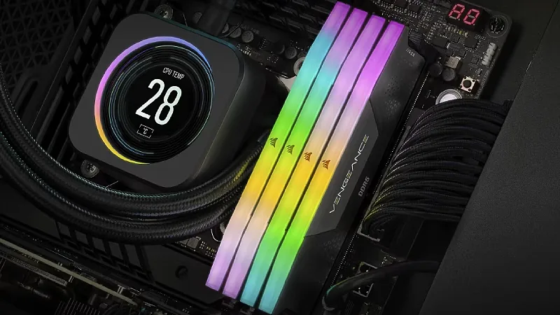 Computer hardware with LED lighting, showing 'CPU TEMP 28°C' and 'VENGEANCE' branding.