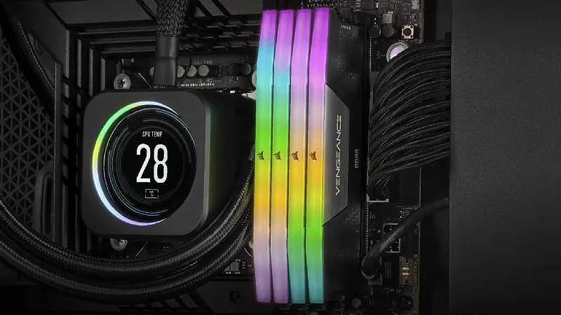 Computer components with RGB lighting and 'Vengeance' RAM.