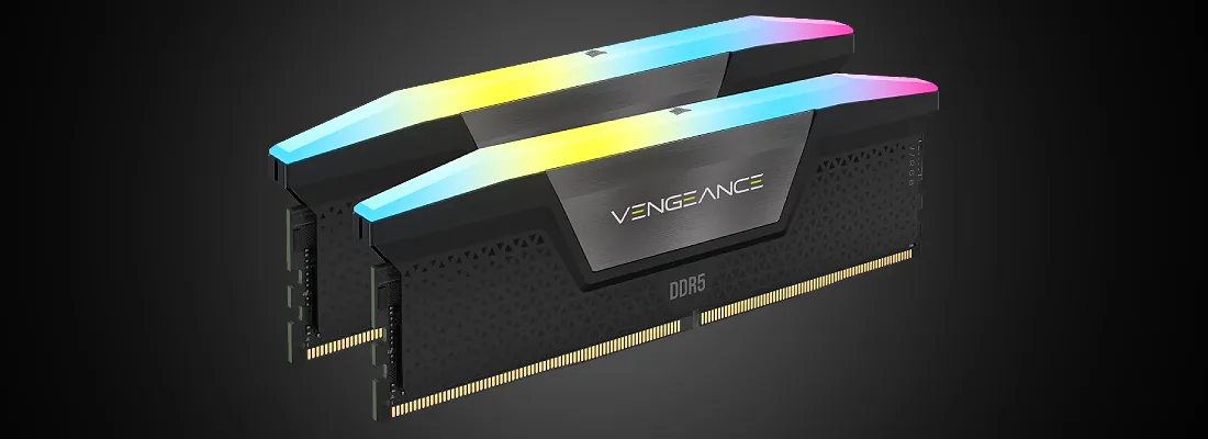 RGB RAM sticks, labeled 'Vengeance' and 'DDR5'.