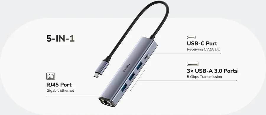 USB-хаб CUDY UH605 5-in-1 USB-C Hub with Gigabit Ethernet