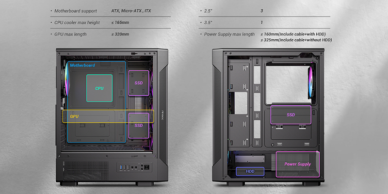 Antec VX320 ARGB - תאימות לרכיבים ותצוגת זכוכית