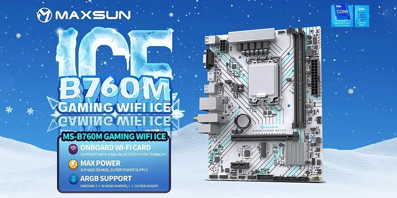 לוח אם MAXSUN B760M GAMING WiFi ICE בעיצוב כחול