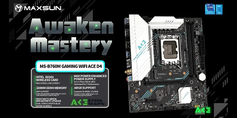 MAXSUN B760M GAMING WiFi ACE D4 board in blue and white