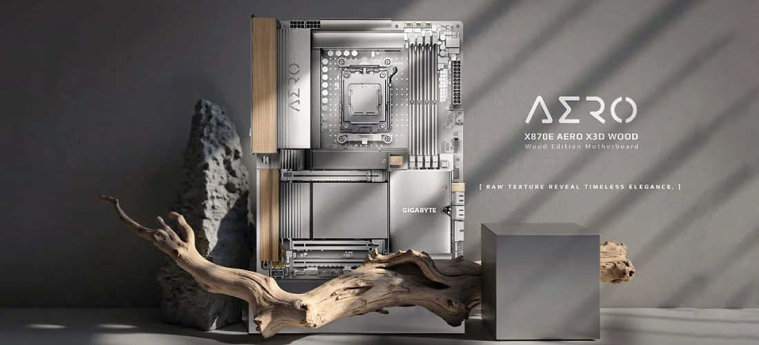 לוח אם Gigabyte X870E AERO X3D WOOD עם טקסטורת עץ