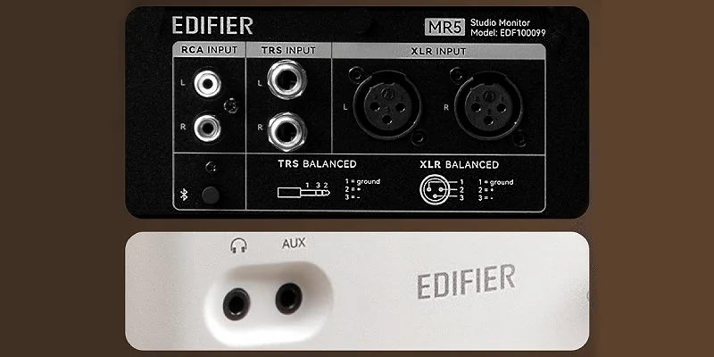 XLR and RCA connections of the white Edifier MR5